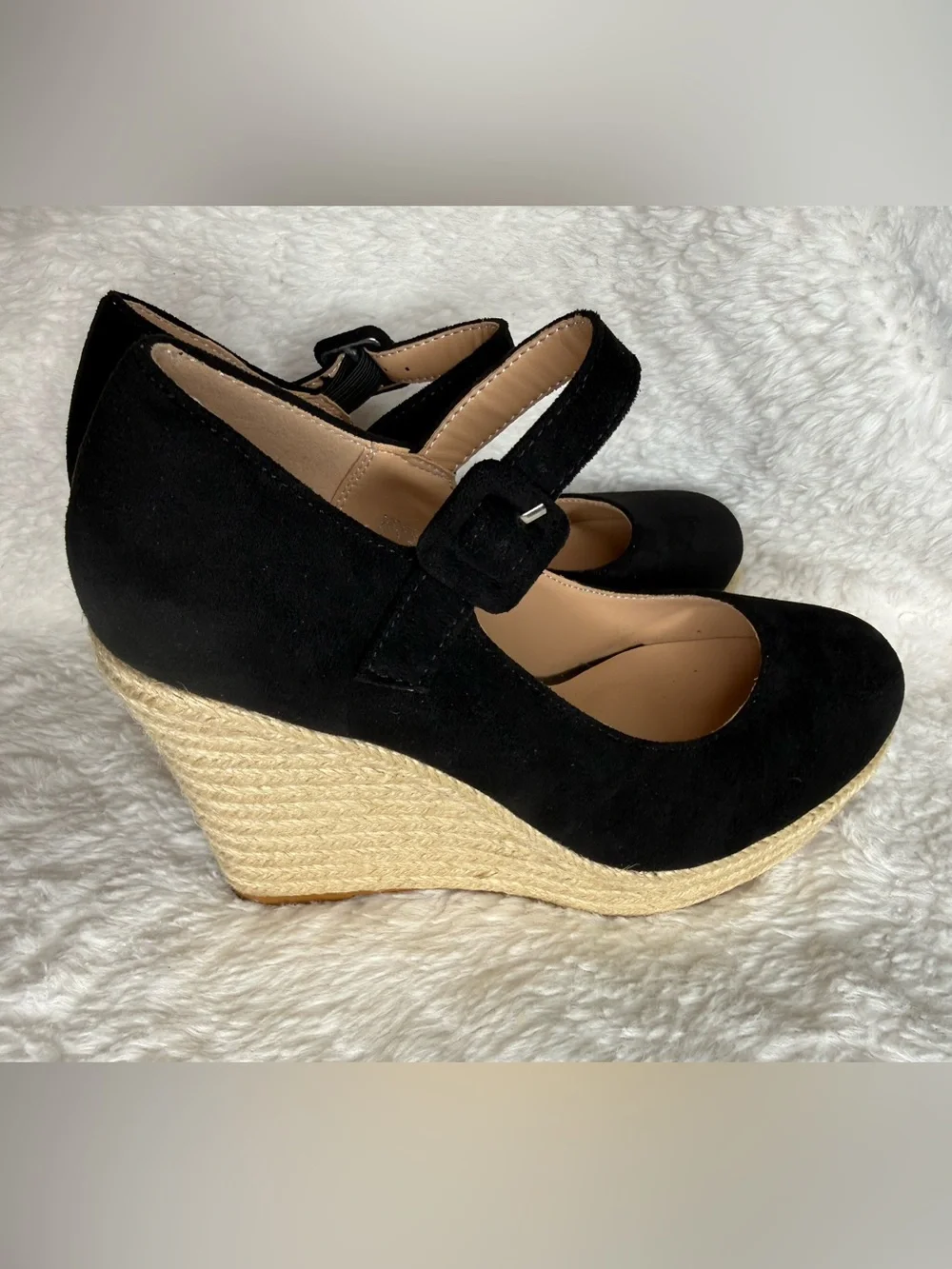 Black Espadrille Wedge Mary Jane Sandals with Ankle Strap